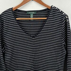 Lauren Ralph Lauren Shirt Womens Large Black/Silver Striped LRL Button Accents